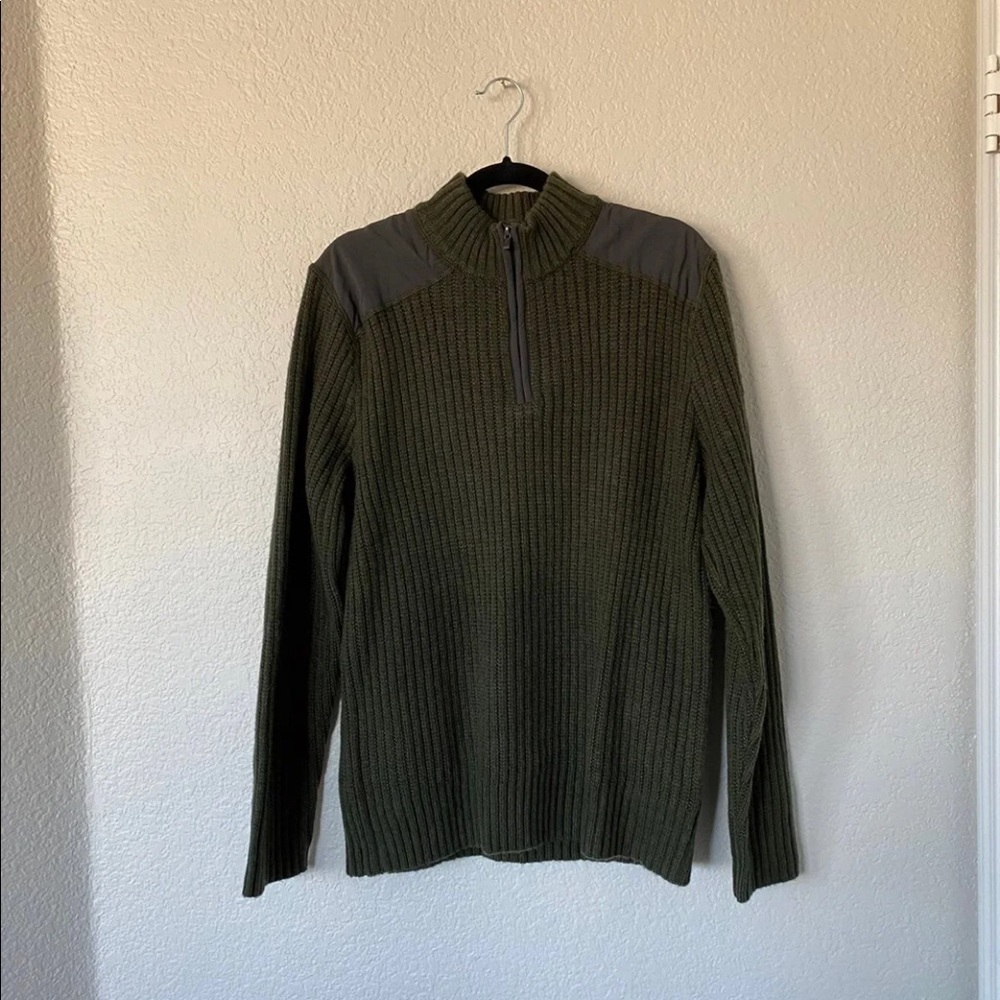 Eddie Bauer Olive Green Wool Knit 1/4 Zip Sweater